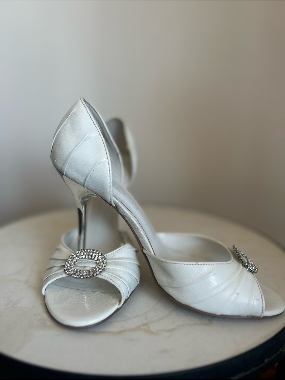 Elegant White Peep-Toe Heels with Crystal Buckle